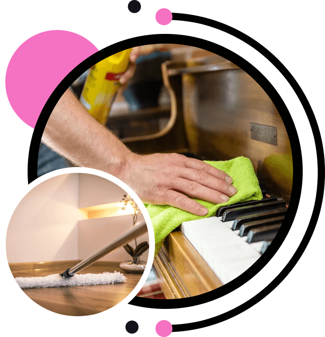 A person cleaning the piano with a cloth